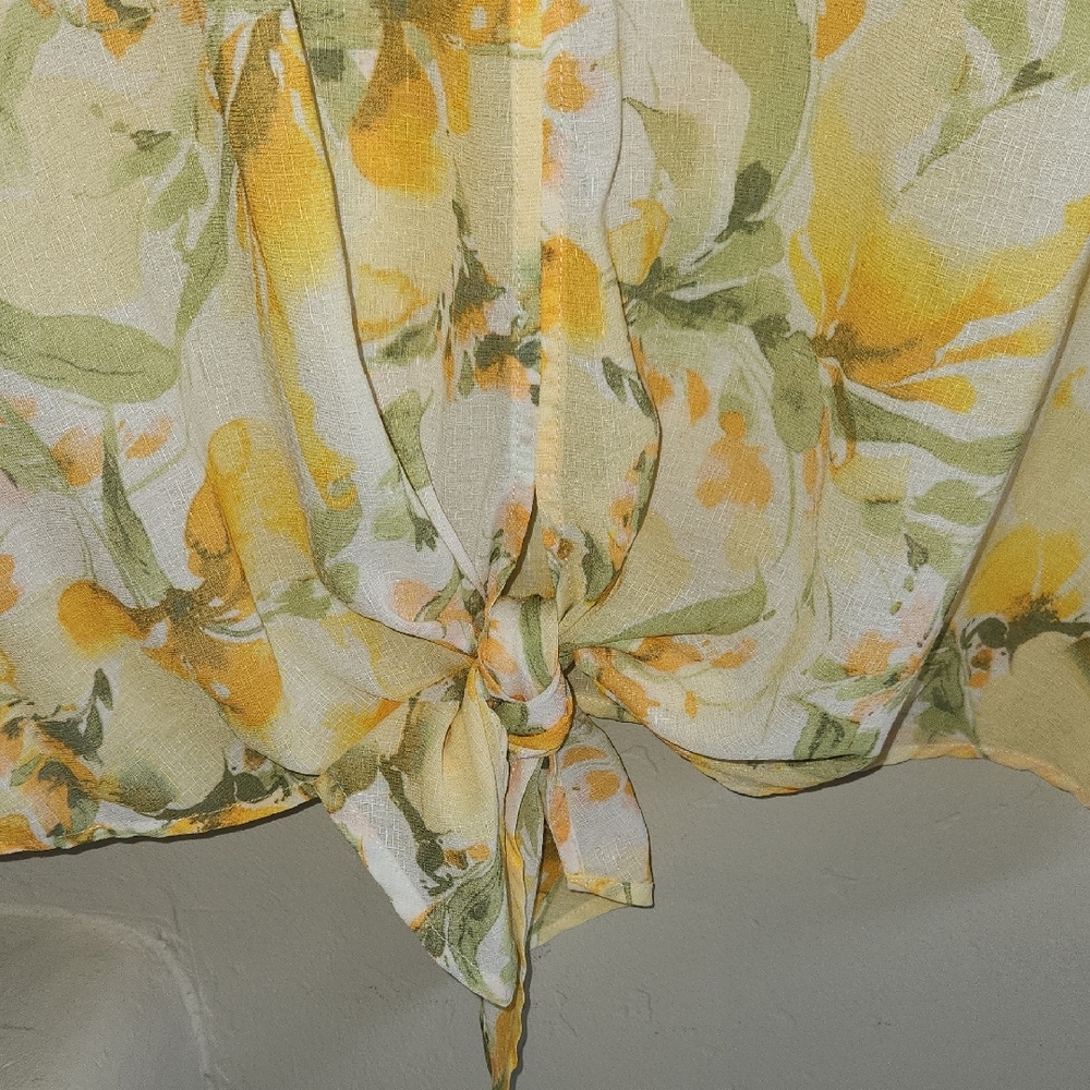 C By One, Floral Yellow and Green, Tie Front 3/4 Sleeve Blouse. SKU C05 - Picture 5 of 9